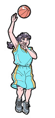 バスケットボールでフックシュートをする水色のウェアを着た女子選手のイラスト