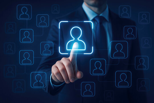 Businessman's finger touching a glowing blue outline of a person icon in a network diagram connection - Powered by Adobe