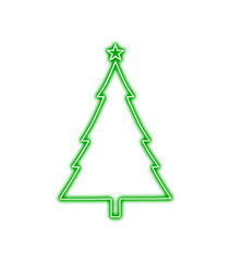 Green neon outline of a christmas tree with a star on top, isolated on transparent background.
