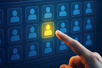 Close-up of a finger selecting a highlighted candidate profile on a digital recruitment interface candidate selection