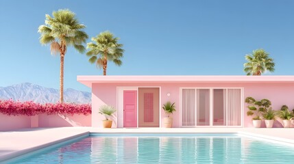 Tranquil scene of a stylized pink modern residence featuring a swimming pool lush palm trees and distant mountains under a vibrant blue sky evoking a sense of vacation and serenity
