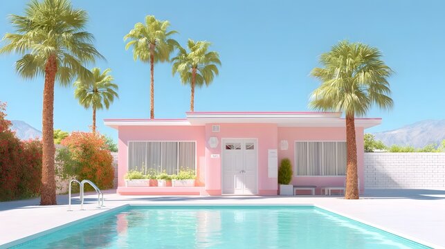 Serene tropical oasis featuring a pastel pink midcentury home turquoise swimming pool lush palm trees and distant mountains perfect for a summer getaway
