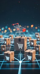 Miniature shopping cart atop cardboard boxes, symbolizing online retail success