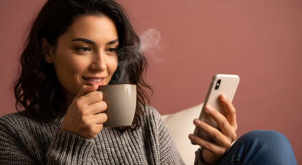 Smiling young woman enjoying a warm cup of coffee while using her smartphone on a cozy morning at home