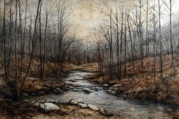 Fototapeta premium Calm river flowing through a quiet forest during early spring in the afternoon light