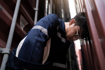 A man in a blue uniform is leaning against a wall and appears to be in distress