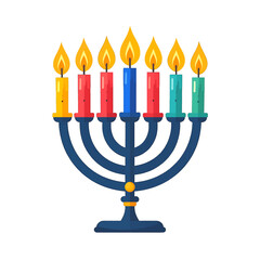 Pixel Art Menorah With Seven Burning Candles In Yellow Red Blue And Green Colors On White Background
