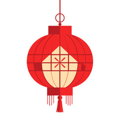 Traditional Red Chinese Lantern With Beige Interior And Tassel Hanging From String Isolated On White Background Studio Shot