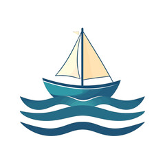 A Stylized Sailboat with Cream and Teal Sails Navigates Blue Waves Under a White Sky