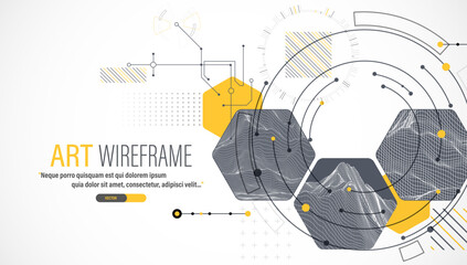 Minimal abstract composition with wireframe mountains, geometric hexagons, dots, and lines.