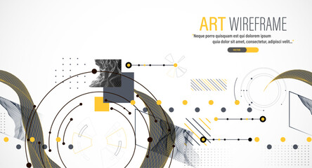 Minimal abstract composition with wireframe waves, geometric shapes, dots, and lines.