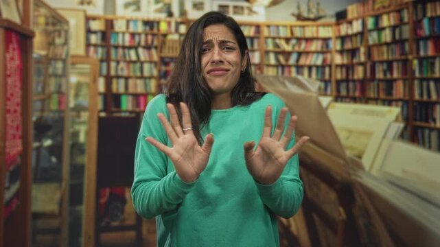 Young hispanic woman in a library with bookshelves, hands raised palms out and grimacing in disgust; disgust avoidance.