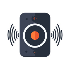 Modern Dark Grey Speaker with Orange Center Emitting Sound Waves on a White Background