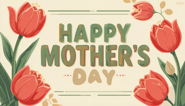 Vintage-style 'Happy Mother's Day' typography in muted green and beige surrounded by hand-drawn coral red tulips and leaves on a soft cream background, ideal for classic holiday cards, retro social me