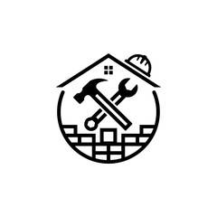 Construction tools and house icon in minimalistic style  