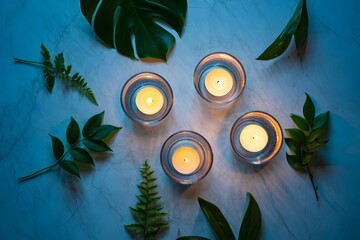 Candles and leaves create a calming atmosphere with soft lighting and greenery