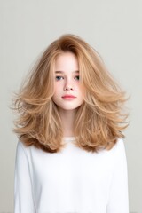 Young Woman with Glossy Hair and Soft Features Against Neutral Background