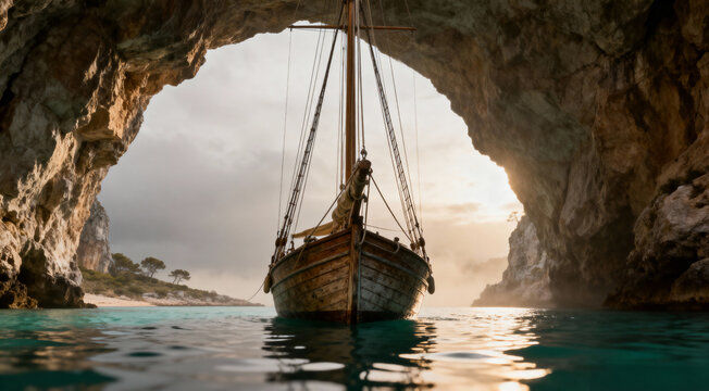 Traditional Wooden Sailboat Floating Inside Rocky Sea Cave Grotto at Sunset