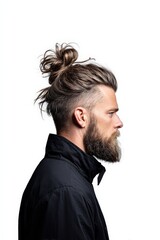 Stylish Side Profile of Man with Long Hair and Beard on White Background