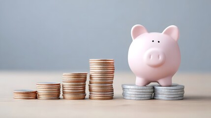 Conceptual image representing financial accumulation and investment strategy with a piggy bank positioned on ascending coin stacks signifying wealth building and future security