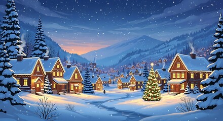 Charming winter village scene at night with snowcovered houses and christmas trees, creating a magical and peaceful holiday atmosphere, perfect for cards