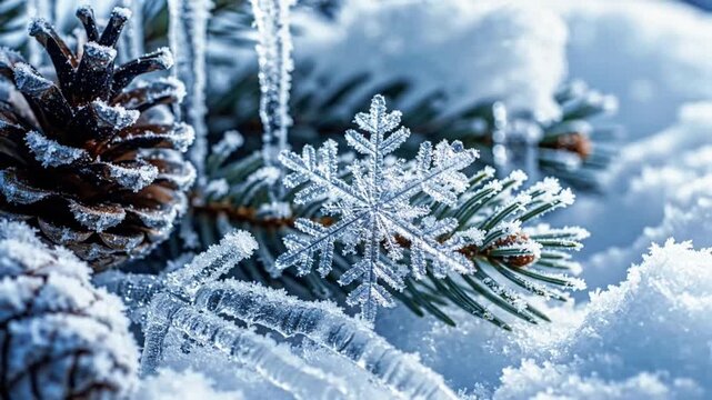 A snowflake is on a branch of a pine tree. The snowflake is surrounded by ice and snow, giving the image a cold and wintry mood