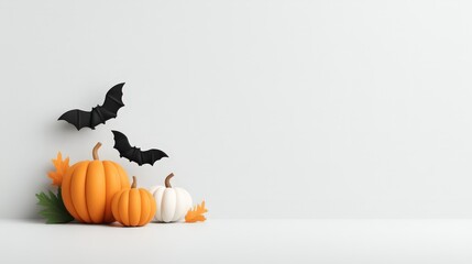 Colorful Pumpkins and Bats on Minimalist Background for Halloween