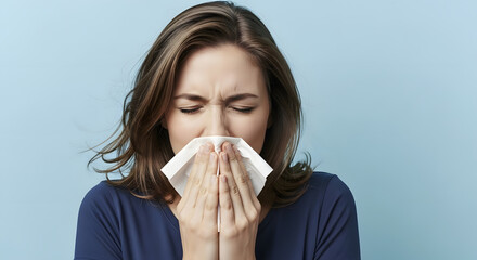 Young woman feeling unwell, sneezing and blowing her nose into a tissue due to a cold, flu, or seasonal allergies