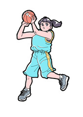 リバウンドをする水色のユニフォームの女子バスケットボール選手のイラスト