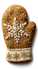 Gingerbread mitten cookie decorated with golden snowflake icing, festive Christmas and winter theme, detailed texture, clean minimal style, with isolated on white background.
