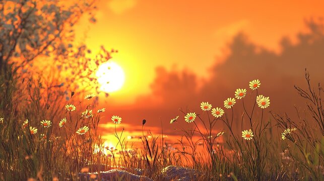 A meadow bursting with blooming floral silhouettes of daisies and poppies under the soft radiance of a setting sun