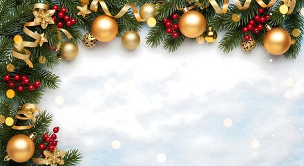 Festive christmas corner border with gold ornaments, red berries, and green pine branches on a bright background, creating a cheerful holiday atmosphere