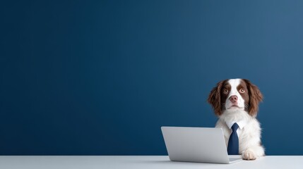 Dog in Tie Working on Laptop in Home Office Setting