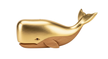 Golden whale figurine isolated on transparent background a decorative object for nautical theme and marine life lovers collection