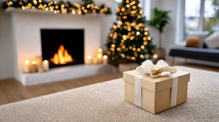 A box with a bow on top sits on a carpeted floor in front of a fireplace. The room is decorated for Christmas, with a tree and lights. Scene is cozy and festive, with the warmth of the fireplace
