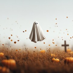 Cute Ghost Surrounded by Autumn Pumpkins and Fall Landscape