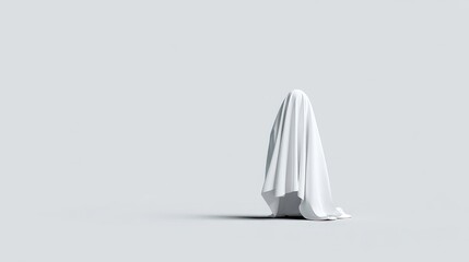 Mysterious Figure Covered in White Fabric on Plain Background