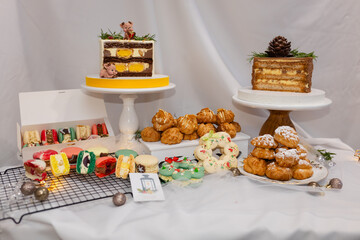 plate of different christmas desserts. macaron, profiteroles, cake. decorated cookie. bow and sprinkles. various colors. present box. wreath, tree, branch. white