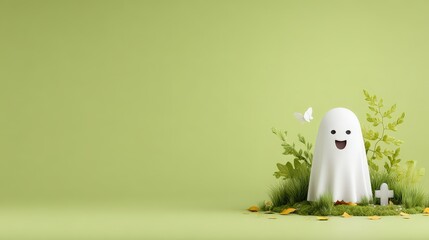 Playful Ghost Character Surrounded by Greenery and Soft Elements