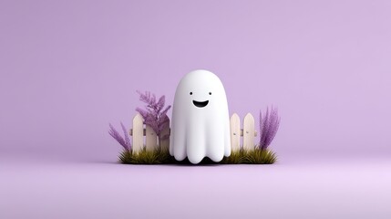 Cute Cartoon Ghost Surrounded by Colorful Plant Decorations