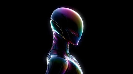 Abstract sci fi alien concept a sleek futuristic humanoid figure with a featureless helmet and fluid iridescent metallic skin reflecting a vibrant color spectrum