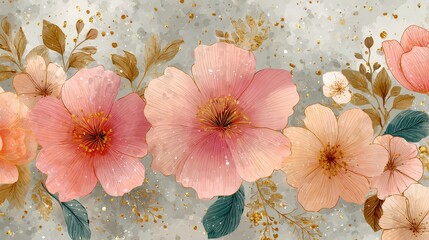 Elegant Pink Floral Background with Golden Accents and Sparkles