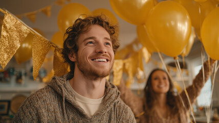 Joyful young man decorates a cheerful space with gold bunting and balloons