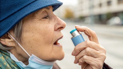 Elderly Woman Using Asthma Inhaler Outdoors in Urban Setting