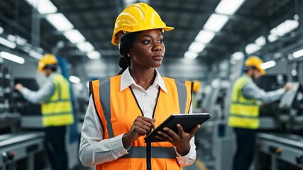 Female engineer in hard hat and safety vest using tablet in modern factory setting - Powered by Adobe
