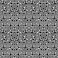 Fish scale wallpaper. Asian traditional ornament with repeated scallops. Repeated white curves on black background. Seamless surface pattern design with semicircles. Grid motif. Digital paper. Vector. © funkyplayer