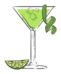 Vibrant green cocktail in a martini glass with lime slice and zest. perfect for summer refreshment.