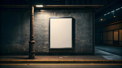 Blank vertical poster on textured urban wall at night