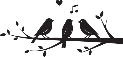 Elegant silhouette of three songbirds on a tree branch with a heart and musical note
