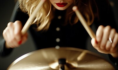 Dynamic close-up of a female drummer striking cymbals with power and passion. Bold red lips, focused energy, and dramatic lighting capture the intensity and rhythm of live music performance.